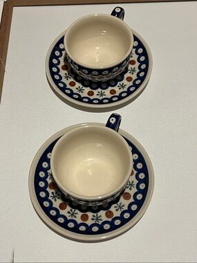 Set Of Two - Boleslawiec Polish Pottery Blue Floral Espresso Cups with plates